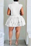 Blue Casual Solid Color Draw String Buckle Patchwork Ruched Mandarin Collar Sleeveless Two Pieces