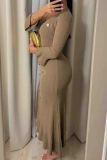 Black Elegant Solid Color Buckle Patchwork V Neck Long Dresses