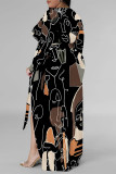 Pink Elegant Geometric Print Flowers Faux Denim Print Lace Up Slit Contrast V Neck Printed Plus Size Dresses