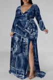 Pink Elegant Geometric Print Flowers Faux Denim Print Lace Up Slit Contrast V Neck Printed Plus Size Dresses