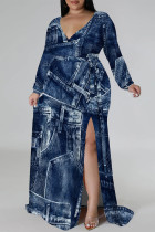 Dark Blue Elegant Geometric Print Flowers Faux Denim Print Lace Up Slit Contrast V Neck Printed Plus Size Dresses
