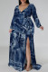 Dark Blue Elegant Geometric Print Flowers Faux Denim Print Lace Up Slit Contrast V Neck Printed Plus Size Dresses