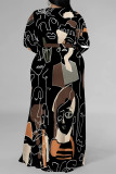 Pink Elegant Geometric Print Flowers Faux Denim Print Lace Up Slit Contrast V Neck Printed Plus Size Dresses