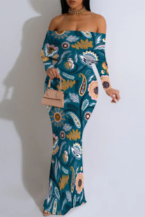 Malachite Green Sexy Floral Print Stripe Contrast Off Shoulder One Step Skirt Dresses