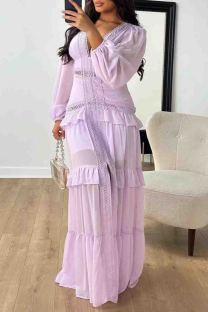 Light Purple Elegant Solid Color Patchwork Slit Deep V Neck Long Dresses