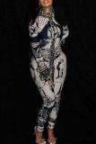 Deep Blue Sexy Print Patchwork Half A Turtleneck Skinny Jumpsuits