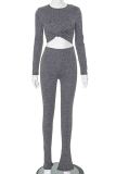 Dark Gray Casual Solid Color Patchwork O Neck Long Sleeve Two Pieces