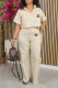Apricot Casual Letter Print Pocket Buttons Turndown Collar Short Sleeve Two Pieces