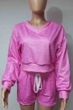 Pink Casual Solid Color Pocket Lace Up Patchwork V Neck Long Sleeve Two Pieces