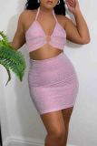 Pink Sexy Solid Color Patchwork Backless Slit Strap Design Halter Sleeveless Two Pieces