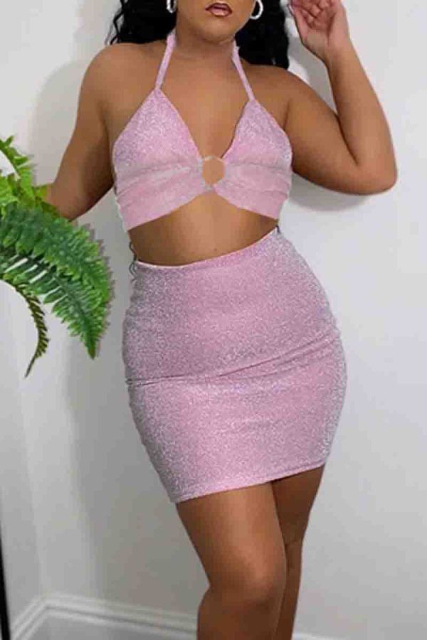 Pink Sexy Solid Color Patchwork Backless Slit Strap Design Halter Sleeveless Two Pieces