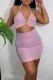 Pink Sexy Solid Color Patchwork Backless Slit Strap Design Halter Sleeveless Two Pieces