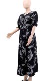 Black Elegant Print Buckle Patchwork V Neck Long Dresses