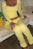 Yellow Casual Solid Color Patchwork U Neck Long Sleeve Two Pieces