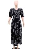 Black Elegant Print Buckle Patchwork V Neck Long Dresses
