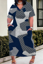 Blue Casual Street Camouflage Print Letters Pocket Contrast V Neck Printed Plus Size Dresses