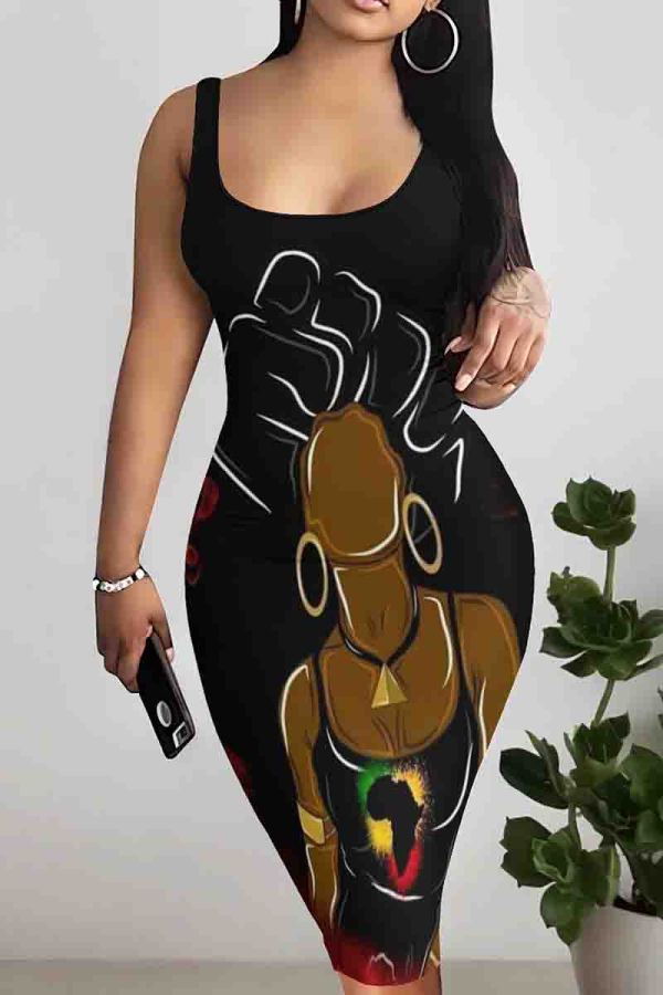 Black Casual Print Patchwork U Neck Wrapped Skirt Dresses