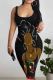 Black Casual Print Patchwork U Neck Wrapped Skirt Dresses