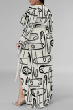 Pink Elegant Geometric Print Flowers Faux Denim Print Lace Up Slit Contrast V Neck Printed Plus Size Dresses