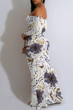 White Sexy Floral Print Stripe Contrast Off Shoulder One Step Skirt Dresses