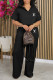 Black Casual Daily Letter Print Pocket Patchwork Turndown Collar Short Sleeve Two Pieces
