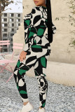 Black Brown Casual Street Geometric Print Contrast O Neck Long Sleeve Two Pieces