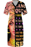 Blue Casual Street Camouflage Print Letters Pocket Contrast V Neck Printed Plus Size Dresses