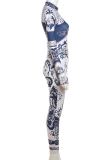 Deep Blue Sexy Print Patchwork Half A Turtleneck Skinny Jumpsuits