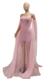 Brown Sexy Formal Solid Color Patchwork Backless Pearls Decor Hot Drill Strapless Evening Dresses