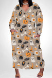 Light Gray Casual Skull Head Graffiti Print Pocket Contrast V Neck Printed Plus Size Dresses