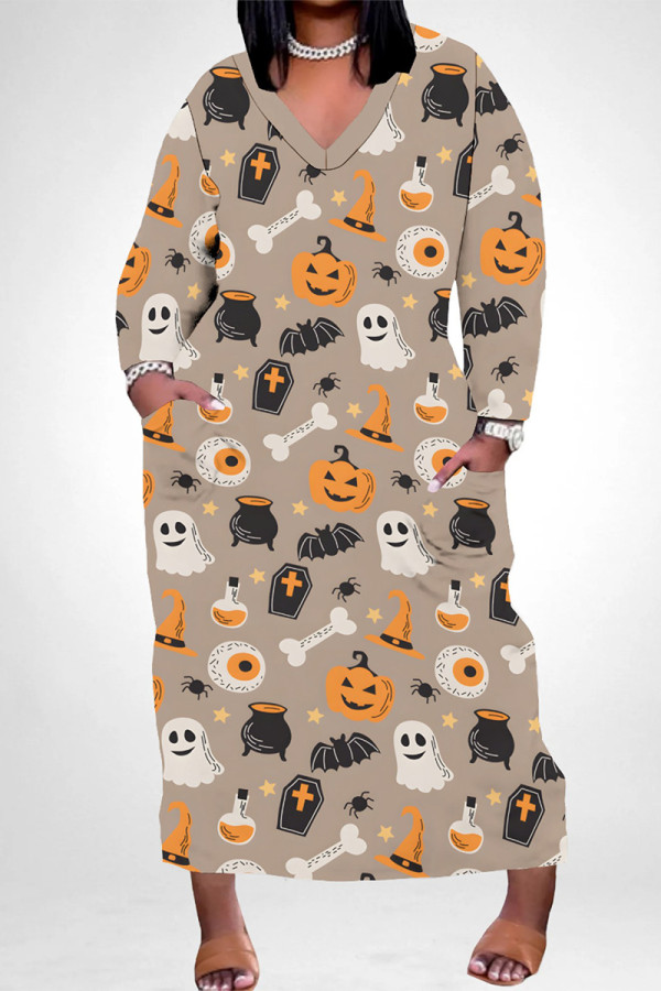 Khaki Casual Skull Head Graffiti Print Pocket Contrast V Neck Printed Plus Size Dresses
