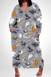 Light Gray Casual Skull Head Graffiti Print Pocket Contrast V Neck Printed Plus Size Dresses