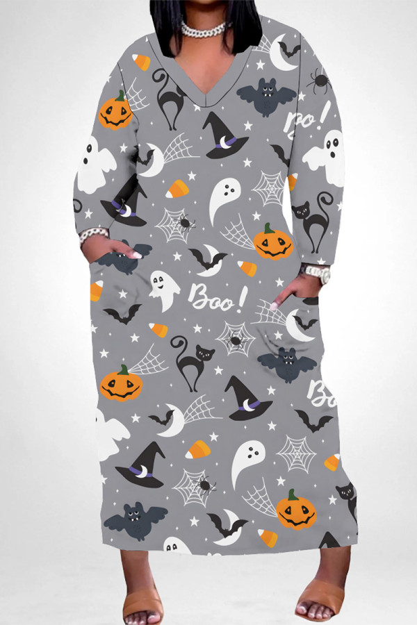 Light Gray Casual Skull Head Graffiti Print Pocket Contrast V Neck Printed Plus Size Dresses