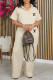 Apricot Casual Daily Letter Print Pocket Patchwork Turndown Collar Short Sleeve Two Pieces