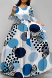 Blue White Casual Street Geometric Print Polka Dot Lace Up Contrast O Neck Printed Dresses