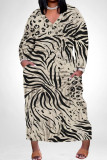 Light Khaki Casual Daily Striped Print Pocket Contrast V Neck Printed Plus Size Dresses