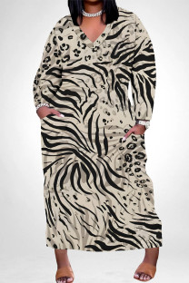 Leopard Print Casual Daily Striped Print Pocket Contrast V Neck Printed Plus Size Dresses