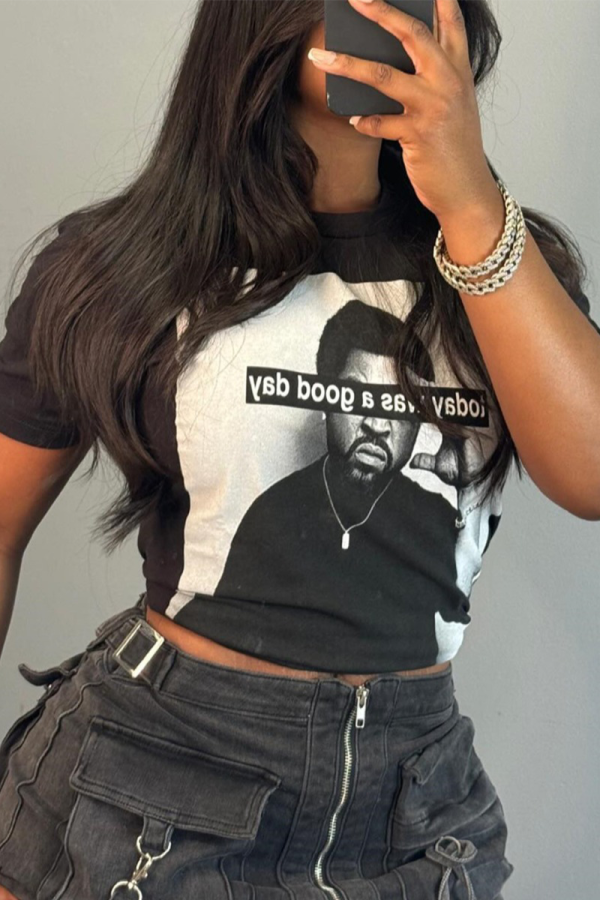 Black Casual Street Figure Print Letters O Neck T-Shirts
