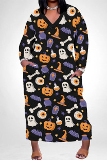 Black Casual Skull Head Graffiti Print Pocket Contrast V Neck Printed Plus Size Dresses