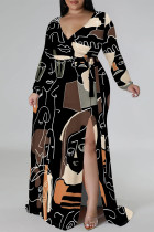 Black Elegant Geometric Print Flowers Faux Denim Print Lace Up Slit Contrast V Neck Printed Plus Size Dresses