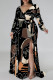 Black Elegant Geometric Print Flowers Faux Denim Print Lace Up Slit Contrast V Neck Printed Plus Size Dresses