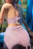 Pink Sexy Solid Color Patchwork Backless Slit Strap Design Halter Sleeveless Two Pieces