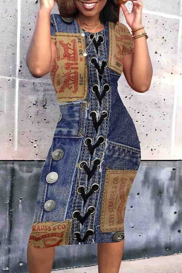 Blue Casual Print Patchwork O Neck Wrapped Skirt Dresses