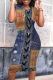 Blue Casual Print Patchwork O Neck Wrapped Skirt Dresses
