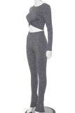 Dark Gray Casual Solid Color Patchwork O Neck Long Sleeve Two Pieces