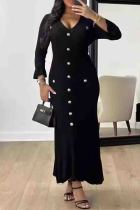 Black Elegant Solid Color Buckle Patchwork V Neck Long Dresses