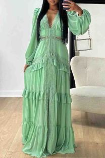 Light Green Elegant Solid Color Patchwork Slit Deep V Neck Long Dresses