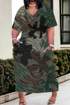 Camouflage Casual Street Camouflage Print Letters Pocket Contrast V Neck Printed Plus Size Dresses