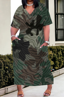 Camouflage Casual Street Camouflage Print Letters Pocket Contrast V Neck Printed Plus Size Dresses