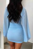 Blue Sexy Solid Color Patchwork Ruched Strap Design U Neck Wrapped Skirt Dresses